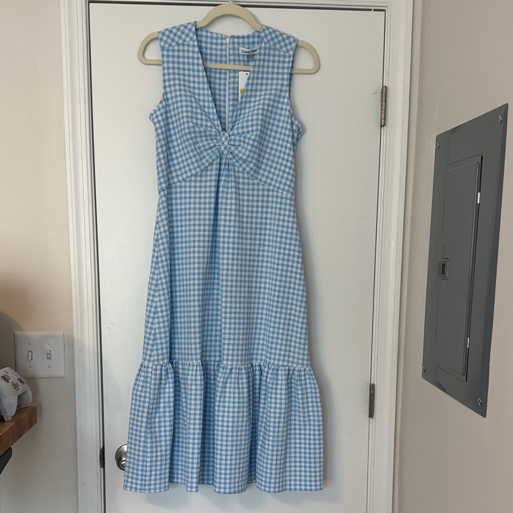Calvin Klein Blue Ginghim Midi Dress, size 4.
